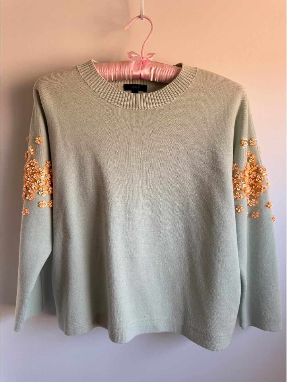 J.Crew Women’s Embellished Wool Blend Sweater Size M Sage Green Sequin Floral - Picture 6 of 8